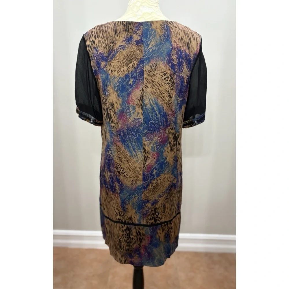 Luxury Leopard Print Silk Blend Shift Dress Womens XL Blue Gold Short Sleeve